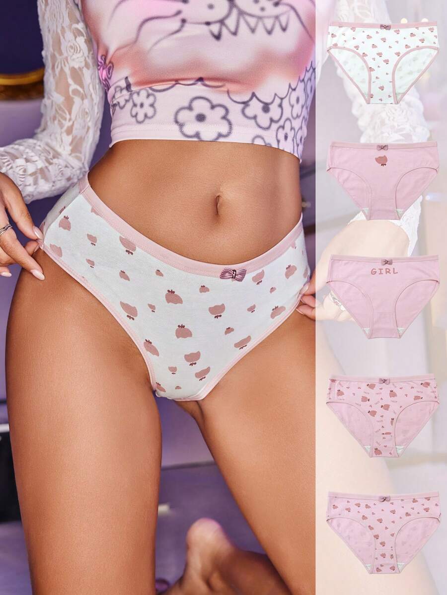 Wedaily 5pcs/set Women's Printed Triangle Panties Decorated With Bow - Multicolor - View 1