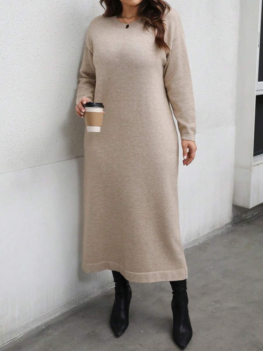 SHEIN LUNE Sukienka sweterkowa damska w jednolitym kolorze, z okrągłym dekoltem i długimi rękawami, w rozmiarze plus size, jesień/zima