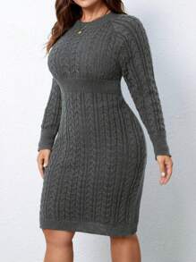 SHEIN Clasi Plus Size Solid Color Crew Neck Long Sleeve Casual Sweater Dress, For Winter - Dark Grey - View 4