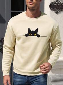 INAWLY 男士休闲圆领卡通猫咪印花长袖套头运动衫，百搭 - 杏色 - 查看 5