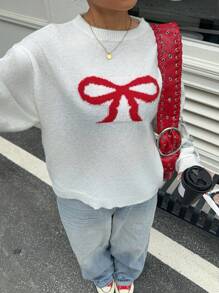 SHEIN Essnce Holiday Sweater Ugly Christmas Sweater Women Sweater Bow Sweater   Christmas Sweater Dress Ankara Red Bow Wool Women's Sleeve Bow Web Contrast Color Hollow Drop Shoulder Long Sleeve Loose Sweater, Autumn And Winter - White - View 4