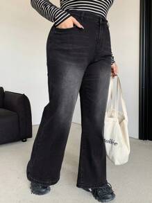 Dazy Petite Plus Plus Size Women's Distressed Wash Loose Wide Leg Jeans With Pockets,Baggy Jeans - Black - View 5