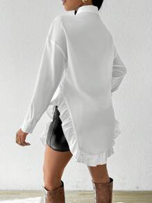 SHEIN LUNE 女士纯色荷叶边装饰纽扣前襟女式衬衫 - 白色 - 查看 2