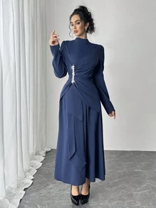 Rafferiza Elegant Blue High Neck Long Sleeve Ruffle Rhinestone & Pearl Dress Maxi Women Outfit - Royal Blue - View 4
