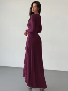 Aloruh New Elegant Ruffle Tie Decor 3D Flower Design Sexy Deep V Net Long Dress - Purple - View 2