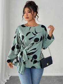 Calvaya Plus Size Asymmetrical Geometric Print Fabric Long Sleeve Shirt With Tie Hem Bow, Casual Wear And Office Commute