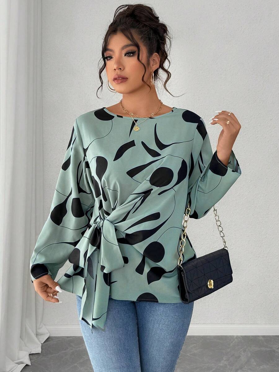 Calvaya Plus Size Asymmetrical Geometric Print Fabric Long Sleeve Shirt With Tie Hem Bow, Casual Wear And Office Commute