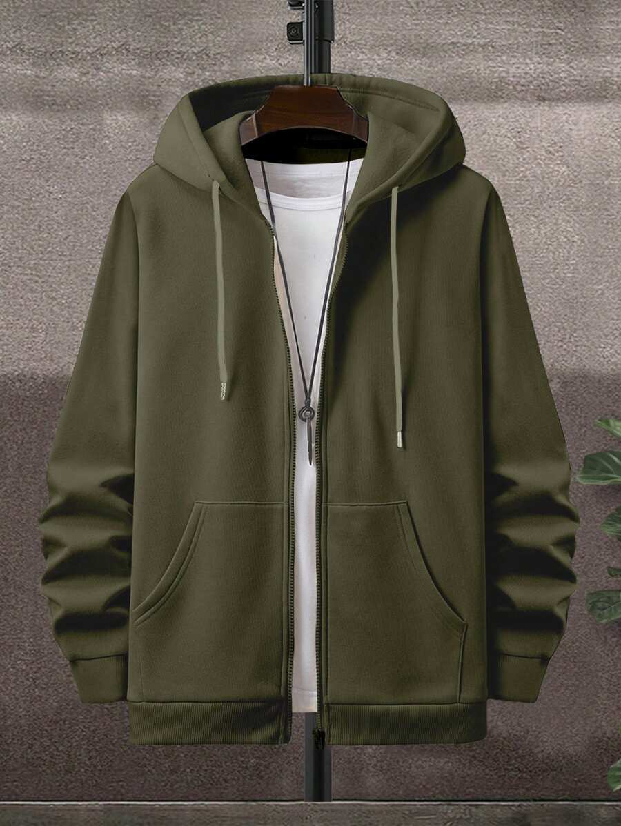 RueChic Felpa con cappuccio monocromatica da uomo con chiusura lampo e tasche, felpa con maniche lunghe