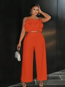 Slaydiva Elegant & Party & Date & Formal Occasion Solid White Sleeveless Ruffle Trim Cropped Top And Long Pants 2 Pieces Set, Woven Fabric, Plus Size, Spring/Summer - Orange - View 6