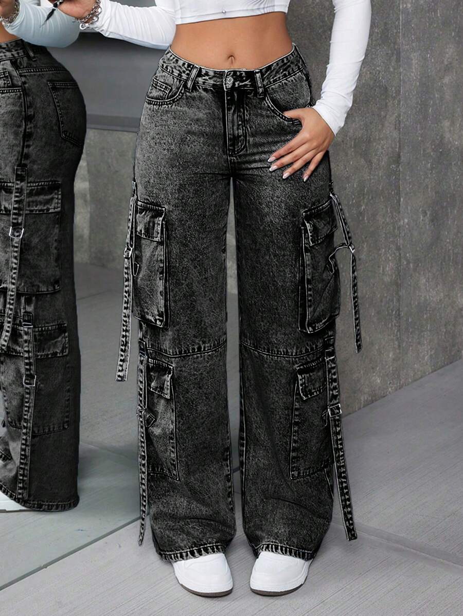 SHEIN ICON 女士休闲百搭水洗直筒牛仔裤 - 深灰色 - 查看 1