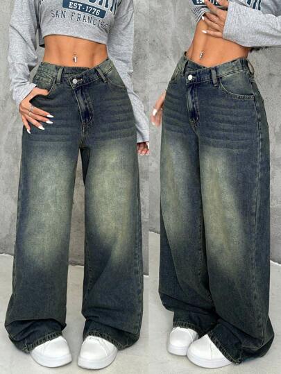 SHEIN PETITE Women's Thick Denim Wide Leg Pants With Oblique Placket, Blue