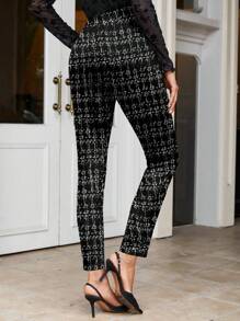 SHEIN Clasi 黑白格子金属装饰女士紧身裤，秋冬冬季女装优雅女装热格子 - 黑與白 - 查看 2