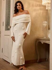 Opulessa Jesienna i zimowa impreza świąteczna seksowna elegancka wakacyjna jednokolorowa dzianinowa sukienka z długim rękawem dopasowana z odkrytymi ramionami syrenka z 3D kwiatowym wystrojem dla kobiet