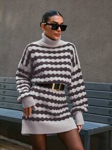 SHEIN Cottnline Knitwear Oversize Dress With Wavy Knit Pattern - Rust Brown - View 3