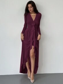 Aloruh New Elegant Ruffle Tie Decor 3D Flower Design Sexy Deep V Net Long Dress - Purple - View 4