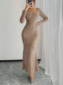 SHEIN Unity Knit Textured V-Neck Slim Fit Knee-Length Dress For Women Maxi Women Outfit Fall Cloth For Women - Khaki - View 4