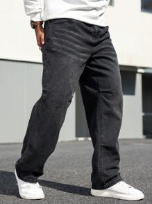 Manfinity Homme 大码男式直筒宽松休闲多口袋牛仔裤 - 黑色 - 查看 8