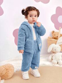 SHEIN 2pcs Baby Girl Cute Solid Color Fluffy Hooded Jacket And Pants Set, Autumn/Winter - Blue - View 8
