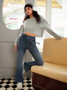 SHEIN Explorewe 2pcs Set For Teen Girls: Off Shoulder Cropped Hoodie And Straight Leg Jeans, Casual, Autumn - Grey - View 3