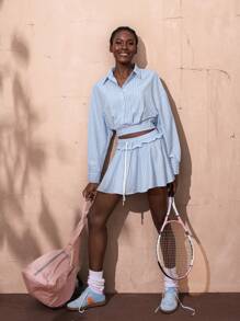 VARSITIE Striped Long Sleeve Cropped Shirt Low Rise Lace Mini Women Sports Sets Tennis Skirt Settennis Outfitco Ords Sets Women