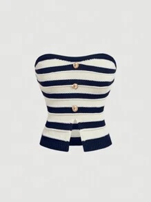 SHEIN MOD Black & White Striped Metal Button Decorated Knit Vest Top For Women - Navy Blue - View 1