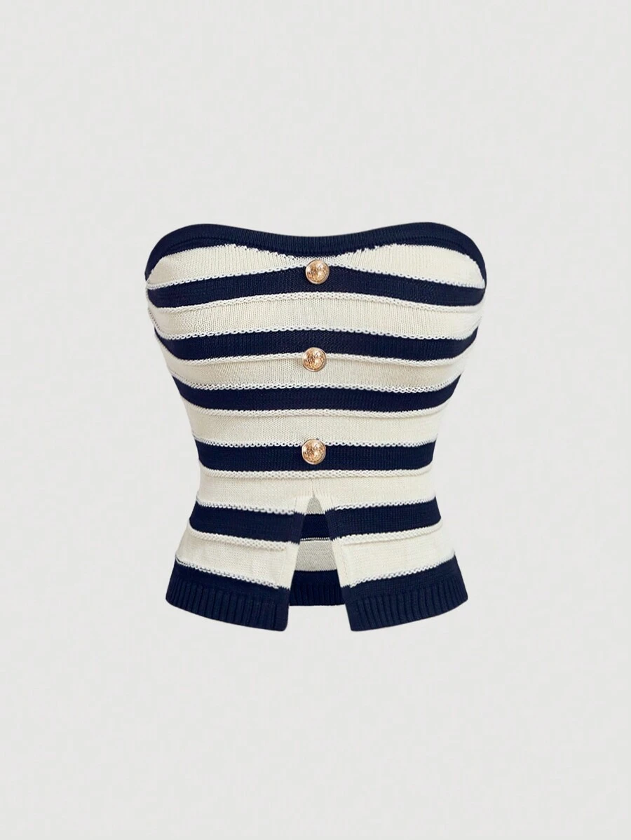 SHEIN MOD Black & White Striped Metal Button Decorated Knit Vest Top For Women - Navy Blue - View 1