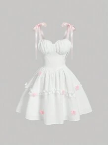 SHEIN MOD Plus Size Blue Ribbon Colorblock White Bustier Style Flared Short Dress Three-Dimensional Flower,Summer,Graduation,Wedding - Baby Pink - View 1