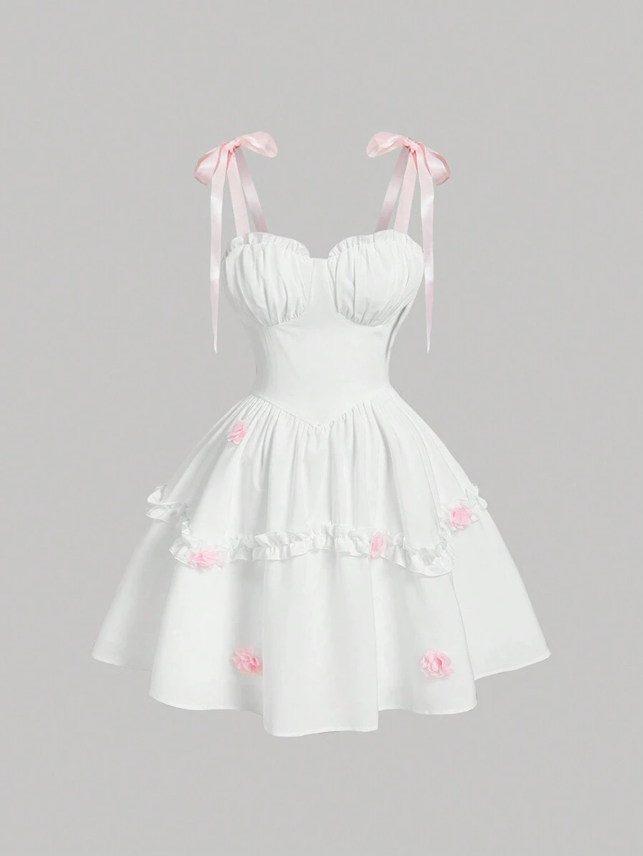 SHEIN MOD Plus Size Blue Ribbon Colorblock White Bustier Style Flared Short Dress Three-Dimensional Flower,Summer,Graduation,Wedding - Baby Pink - View 1
