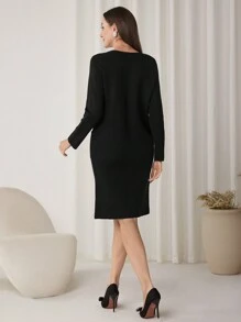 Modelyn 女士撞色蝴蝶结装饰口袋长袖休闲毛衣连衣裙 - 黑色 - 查看 6