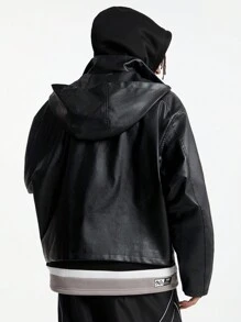 Manfinity NXTstreet Herren Loose Woven Jacke aus PU-Leder, Cargo Ausgeh Schwarze Jacke mit Langarm, als Geschenk für Freunde, Ehemann, Freund, für Herbst und Winter - Schwarz - Übersicht 4