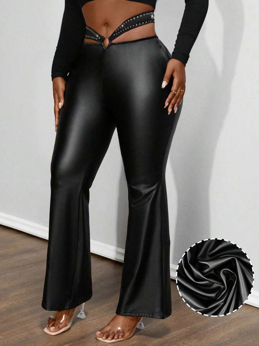 Maweii 大码女式镂空水钻设计紧身喇叭裤 - 黑色 - 查看 1