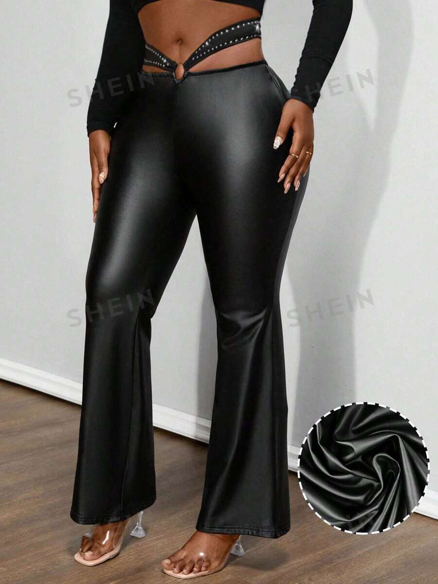 Maweii Große Größen Enge Schlaghose mit Strass-Design für Damen, Cut Out - Schwarz - Übersicht 1