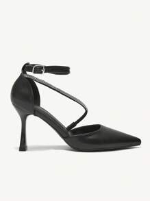 CUCCOO CHICEST Women's Black PU Rhinestoned Anklet Pointed Toe Stiletto High Heel Shoes, Elegant For Commute, Date, Party And Shopping Valentine's Day - Black - View 3