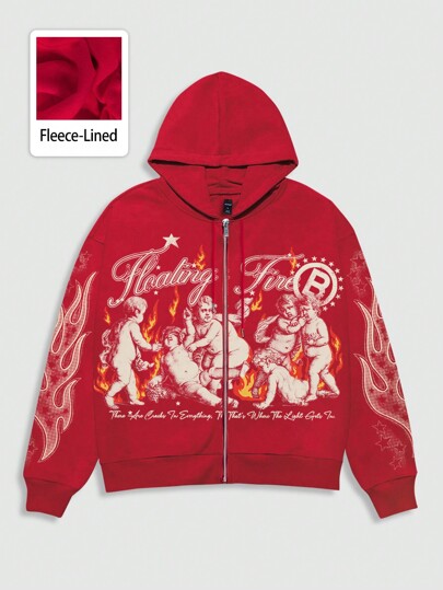 Street Life Sudadera con capucha y cremallera de manga larga con gráfico de retrato callejero vintage y llama para hombres, para otoño e invierno