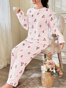 CottageSlumber Floral Printed Fleece Long Sleeve Top And Long Pants Women's Fluffy Pajama Set Holiday Season, Fall Winter Clothes