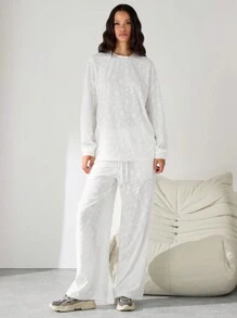 Manfinity VCAY Unisex Knit Jacquard Terry Cloth Sunflower Print Loose Drop Shoulder Round Neck T-Shirt And Drawstring Waist Straight Leg Pants Set - White - View 3