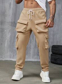 Manfinity Homme 男士休闲翻盖口袋抽绳腰运动裤，秋季款，圣诞节款 - 杏色 - 查看 3