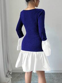 Selianne Women's Contrast Color Round Neck Flare Sleeve Ruffle Hem Mini Dress Fall Cloth For Women - Blue and White - View 2