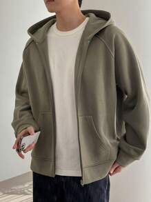 DAZY 男士纯色插肩袖拉链门襟休闲连帽衫，秋季 - 卡其色 - 查看 6