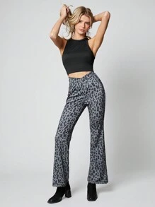 SHEIN EZwear 女士瑜伽豹纹交叉腰紧身喇叭裤