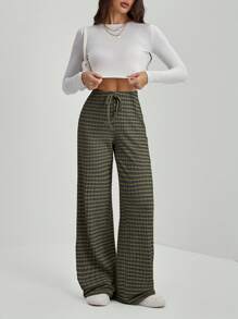 SHEIN Tall Quần dài phong cách ngày lễ thường ngày in họa tiết sọc dành cho nữ - xanh quân đội - Xem 3