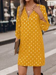 SHEIN Clasi Women's Autumn Zipper V-Neck Sparkle Polka Dot Print Ruffle Cuff Straight Hem Short Dress