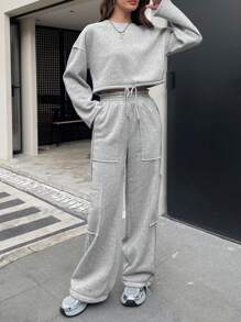 INAWLY 2 stuks dames casual ronde hals lange mouw top en voorkant strik broek set