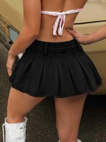 SHEIN ICON 女士拉链时尚短款毛边褶皱牛仔裙 - 黑色 - 查看 2