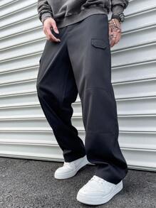 Manfinity Homme Plus Size Men's Casual Fashion Versatile Straight Leg Pants, Spring/Autumn Going Out Long Plain Black Cargo Pants, For Husband, Boyfriend Gifts