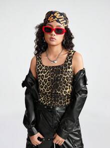 SHEIN 少女春夏 Y2K 基本款针织豹纹弹力棕色背心带胸垫 - 棕色 - 查看 4