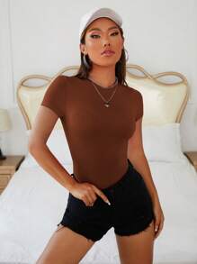 SHEIN PETITE Women's Knit Solid Color Round Neck Fitted Short Sleeve Bodysuit - Brown - View 3