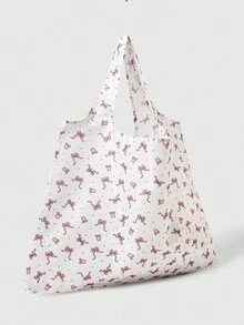 ROMWE Kawaii Cute Pink Bow Print Fashionable Foldable Storage Bag With Handle, White - Pink - View 4