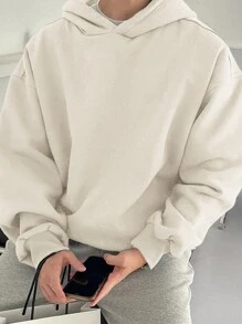 男士纯色休闲套头连帽衫，秋冬 - 白色 - 查看 5
