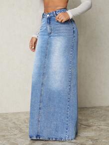 SHEIN SXY 女式性感链条装饰 V 腰超长牛仔裙 - 藍色 - 查看 6
